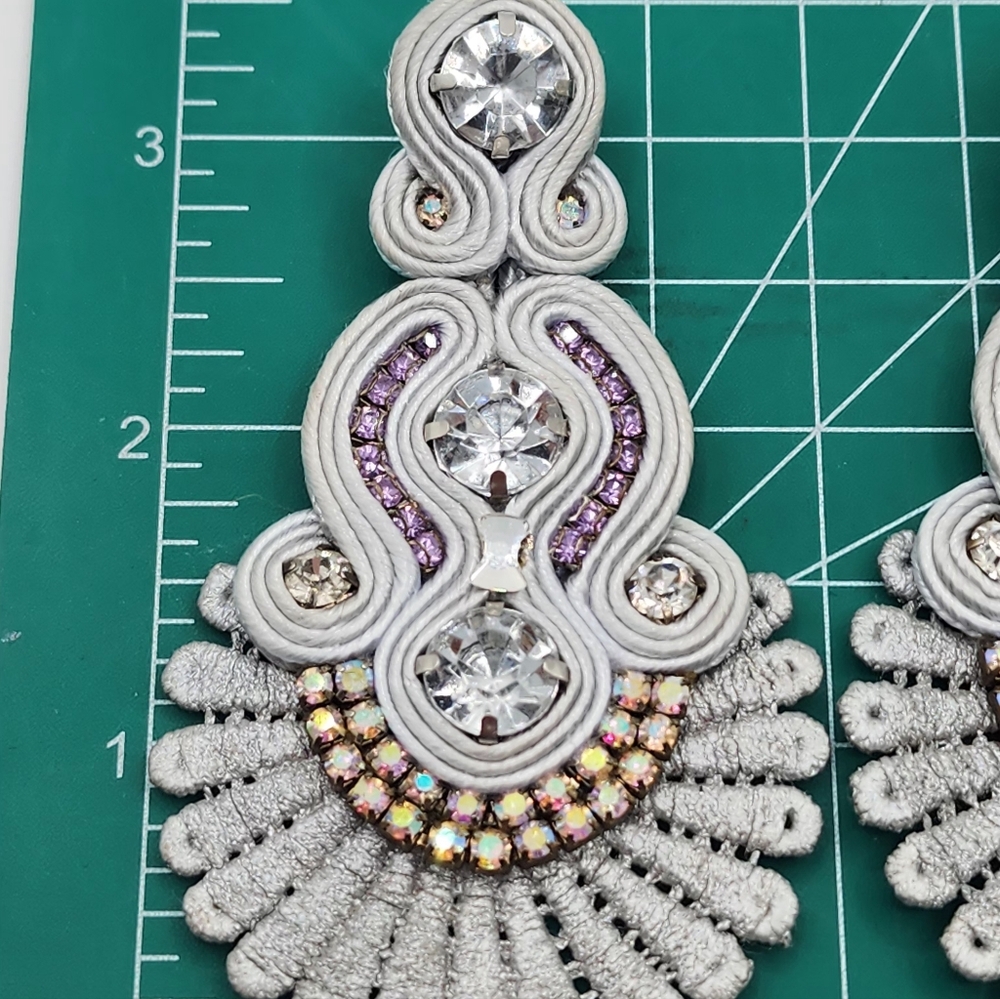 Silver Lace With Purple And AB Rhinestone Statement Earrings - Picture 8 of 11